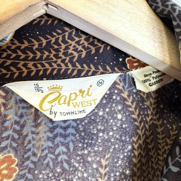 Vintage 70's Disco Shirt Mens Medium Brown Floral Polyester Retro Club Hipster - Picture 2 of 3